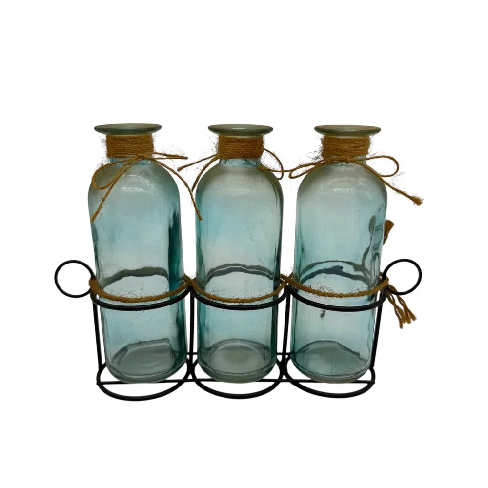 Unbranded Blue Glass Bottle Set 3 Piece with Metal‎ Rack Farmhouse Decor